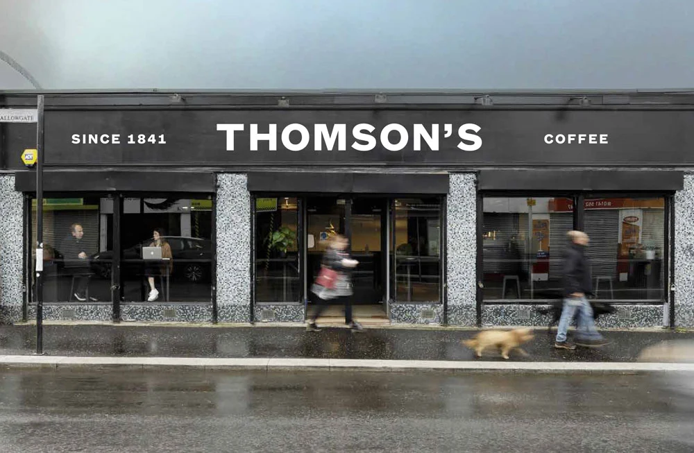 Thomson's Coffee shopfront in Glasgow reading 'Since 1841'